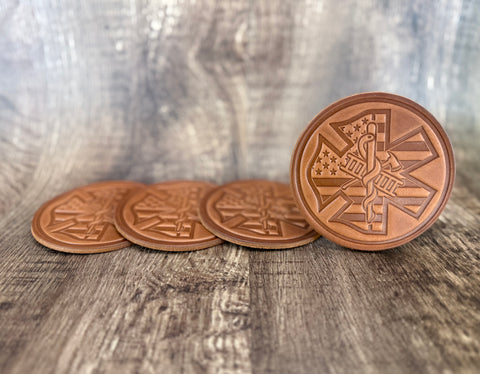 "THE TRIFECTA!!!" (Fire/EMT/US Flag) Leather Drink Coaster Set (Set of 4)