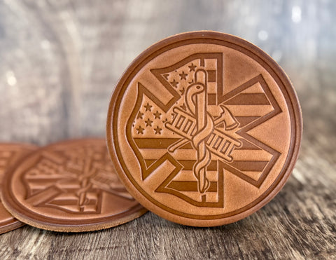 "THE TRIFECTA!!!" (Fire/EMT/US Flag) Leather Drink Coaster Set (Set of 4)