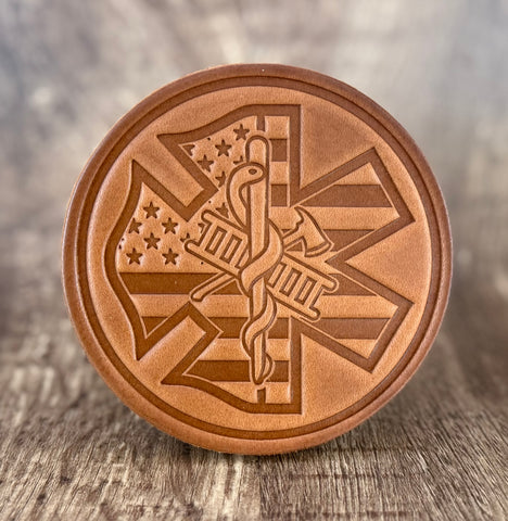 "THE TRIFECTA!!!" (Fire/EMT/US Flag) Leather Drink Coaster Set (Set of 4)