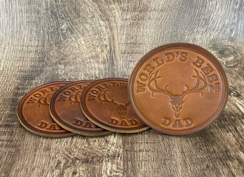 "WORLD'S BEST DAD" (HUNTING EDITION)  - Leather Coaster Set (Set of 4)