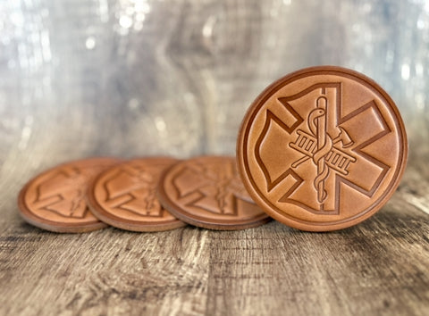"THE DUO!!!" (Fire/EMT) Leather Drink Coaster Set (Set of 4)