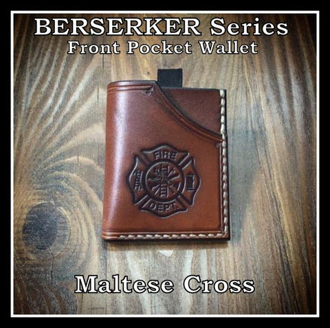 Handmade full grain leather front pocket minimalist wallet with firefighter maltese cross