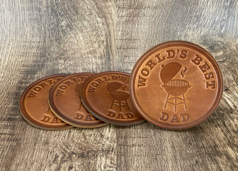 "WORLD'S BEST DAD" (BBQ GRILL)  - Leather Coaster Set (Set of 4)